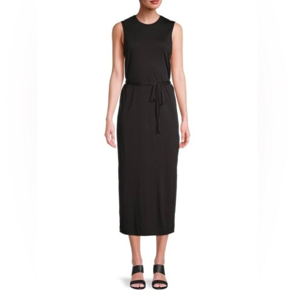 Minimalist Relaxed Sleeveless Tie Waist Midi Tank Dress M Black Clean Vince